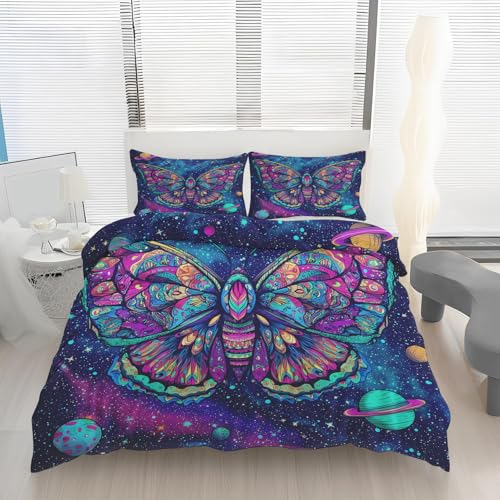 Schmetterling Galaxie Bettwäsche-Sets Universum Boho Psychedelisch Bettbezug 200x200 + 2 Kissenbezüge 80x80 Mikrofaser Wende Bettwäsche mit Reißverschluss, Weich & Knitterfrei Deckenbezug A9k66