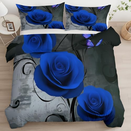 CozyRest Bettwäsche Set Einzelbett Wende Atmungsaktive Bettbezug Set, Dunkelgrau, Blaue Rosen und Schmetterlinge Muster, Flauschige Bettbezug mit Reißverschluss und 40x60cm Kissenbezug