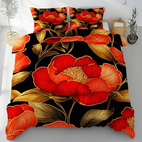 Gklnmcx Pfingstrose Floral Bettbezug Mikrofaser 90x190, Blumen Orientalisch Aesthetic Bettwäsche mit Reißverschluss, Vintage Chinesische Wendebettwäsche Weich 3teilig Mit Kissenbezug 80x80cm