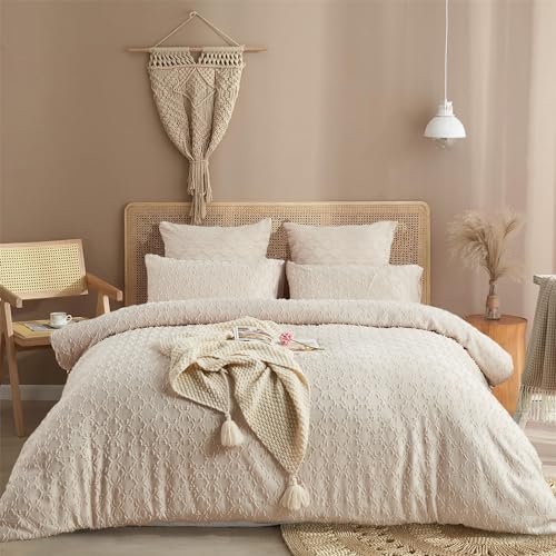 Luofanfei Boho Bettwäsche 200x200 Beige Getuftet Boho Style Wendebettwäsche Set Microfaser Stickerei Shabby Chic Geometrisches Muster Bettbezug und Kissenbeüge 80x80 cm mit Reißverschluss