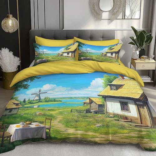 DLERFLOVR Bettwäsche 135x200cm 3 Teilig Russisches Dorf Bettbezug Weich Haltbar Atmungsaktive Altes Reetdachhaus Bettwäsche Set mit Reißverschluss und Kissenbezug 80x80cm, Limettengrün