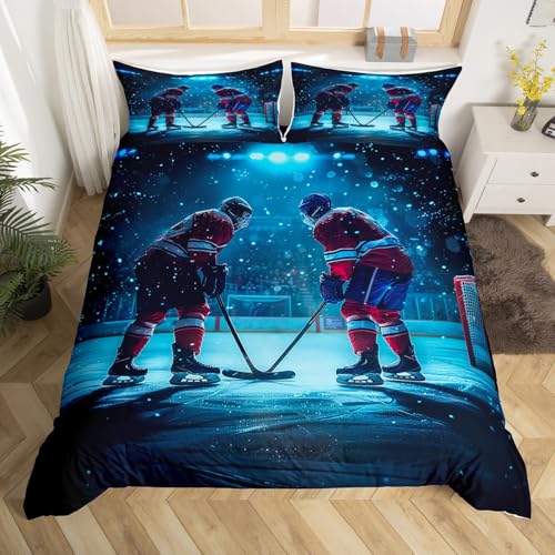 Homewish Eishockey Bettwäsche Set 135x200 Sportspiele Bettbezug für Kinder Teenager Erwachsene Hockeyspieler Schnee Winter Blau Weiß Schwarz Tröster Abdeckung Warm Weich Bett Set