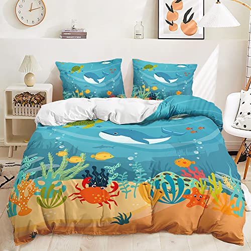 Treer Bettbezug Bettwäsche Set mit Kissenbezüge, Bettwäsche-Set mit Bettbezug 3D Tier Ozean Welt Mikrofaser Weiche für Junge Mädchen Kinder (135x200cm,Krabbe Fische)