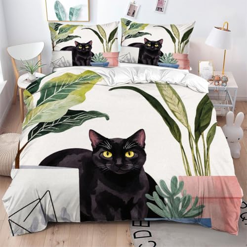 Gumntun Bettwäsche, 240 x 260 cm, vegetative Katze, atmungsaktiv, bedruckt, 3-teilig, pflegeleicht, Mikrofaser-Bettwäsche mit 2 Kissenbezügen_B10134