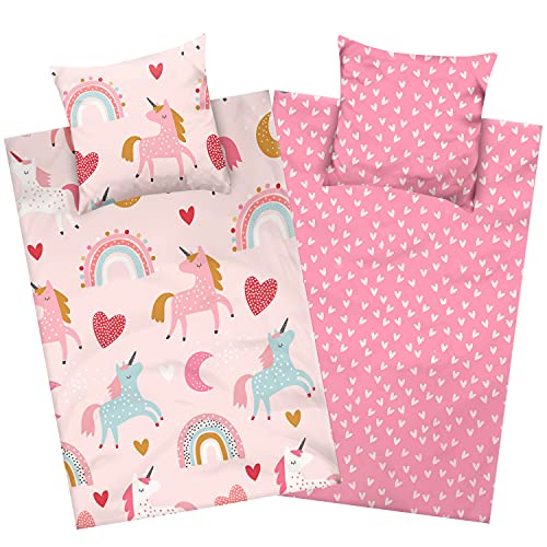 Aminata kids Biber Bettwäsche 135 x 200 Kinder Einhorn-Motiv Mädchen Flanell Baumwolle, Reißverschluss, Kinder-Wende-Bettwäsche- Set Unicorn, warm, weich & kuschelig, rosa pink, Flanellbettwäsche