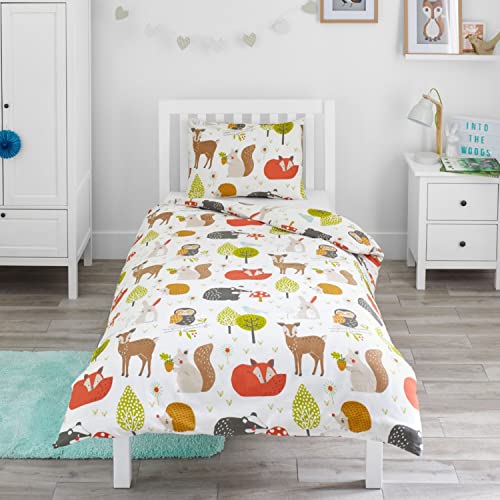 Bloomsbury Mill Bettwäsche 135 x 200 Waldtiere für Kinder - Kinderbettwäsche Mädchen und Jungen - Wendebettwäsche- und Kissenbezug-Set - Eule, Fuchs & Hirsch Einzelbettwäsche