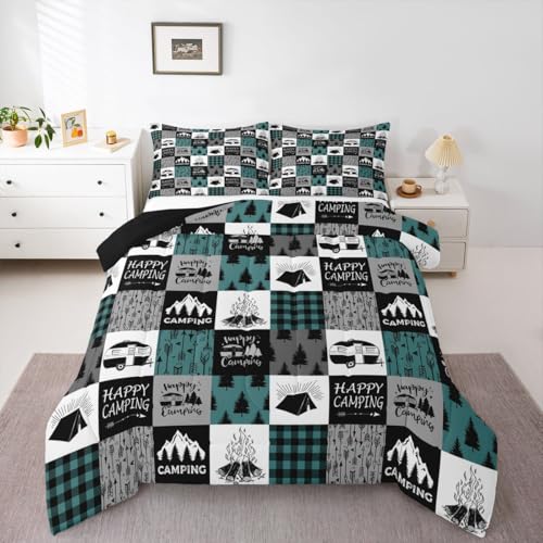 Happy Camping Bettwäsche-Set für Jungen, rustikale Camper gesteppte Bettdecke Queen, Boho Chic Pfeile Bettwäsche-Set für Kinder, Jugendliche, Erwachsene, Bauernhaus-Dekorationen, Grau Grün