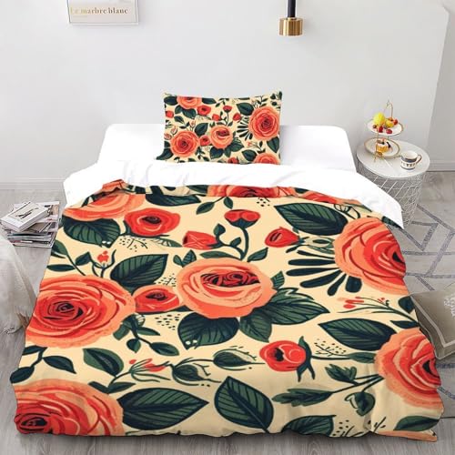 CoVeTviCT Rose BlumenEinzelbettbezug Bettwäsche Set 3D Jungen Mädchen Kinder 2 Stück Mikrofaser Mit Kissenbezügen Mit ReißverschlussSingle?135 x200cm?