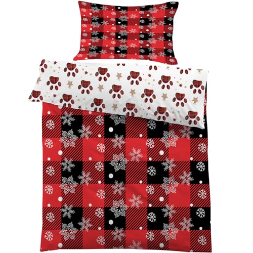 Bettwäsche 135x200 cm Schwarzes Rotes Kariert Bettwäsche-sets Kinderbettwäsche Bettbezug 135x200, Weihnachts Schneeflocken Weich Mikrofaser Bettbezüge mit Reißverschluss + 2 Kissenbezug 80x80 cm