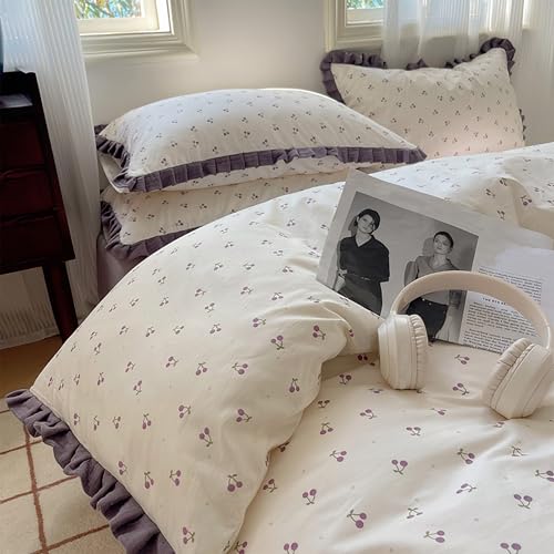 GETIYA Romantisch Lila Blumen Bettwäsche 135x200 Baumwolle Bettbezug mit Lila Rüschen Bettwäsche Mädchen Damen Violett Blümchen Deckenbezug Einzelbett mit 1 Reißverschluss Kissenbezug 80x80