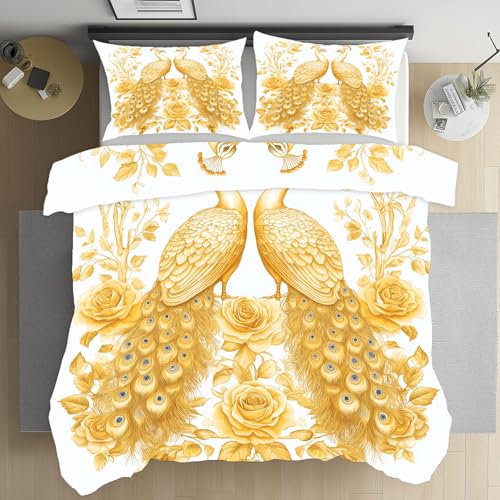 Kioldoq Gold Pfau Bettbezug 220x240 3 Teilig, Vogel Tier Bettwäsche Mit Reißverschlus, Elegante Mikrofaser Bettwäsche, Wendebettwäsche, 2 Kissenbezug 80x80