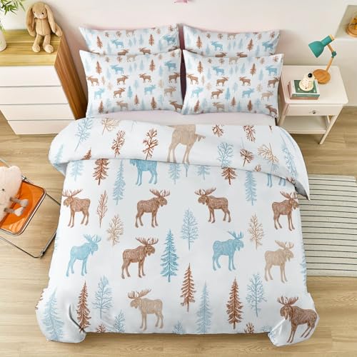 Bettbezug 220 x 240 cm, Weiß Minimalistisch Winter Wald Tiere Hirsch Bettwäsche, Wende Microfaser bettwäsche für Jungen Mädchen Bettbezug mit 2 Kissenbezügen - Kinder & Teenager Geschenk