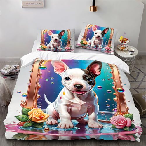 Zbeiba Bettwäsche 135x200cm Set 3 Teilige,Kinder Junge Mädchen Bettbezug + 2 Kissenbezug,Hund mit schwarzen und weißen Ohren, Mops Motiv?135x200+2 * 50x75,Sti5?