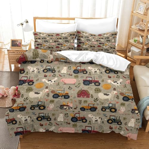MXRMXR Bauernhof-Traktoren—Lä ndliche Cartoon-Szene Bedrucktes Bettwäsche-Set Mikrofaser Bettbezug Für Kinder & Erwachsene, Weiches Bettwäsche-Set Mit Kissenbezug Double?200x200cm?