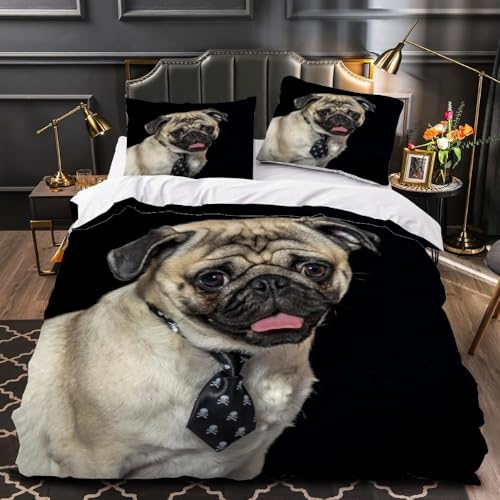 Mops Bettwäsche 200x200 Hund 3 Teilig übergröße Bettbezug 200 x 200 cm 3D Bettwäsche-Sets Weiche Bettbezug Set Tier Schwarz Bettbezüge Set und 2 Kissenbezüge a.2356
