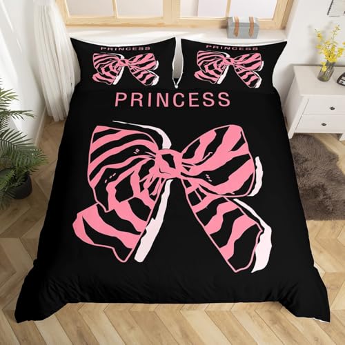 Homewish Bettbezug Kawaii Bowknot Prinzessin Bettwäsche Set 135x200 Leopardendruck Tröster Abdeckung Niedlich Bow Preppy Girls Bett Set Trendy Preppy Girly mit 1 Kissenbezug (Rosa Schwarz)