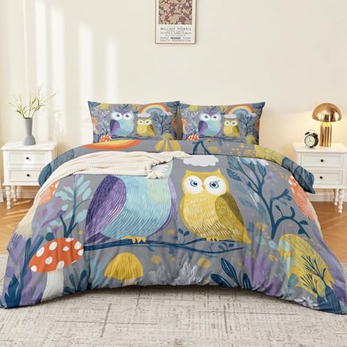 Bettwäsche-Set 135 x 200 cm Flauschige Winterbettwäsche Eulen-Cartoon-Fantasie Weihnachtsbettwäsche, Bettwäsche - Reißverschluss Grau