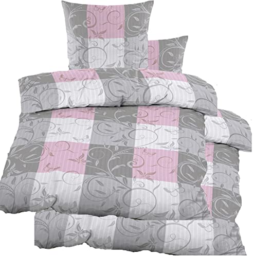KH-Haushaltshandel 4-TLG. Seersucker Bettwäsche 2X 135x200 +80x80cm, grau Rose, Ranken/Karo, bügelfrei, Microfaser (60360)