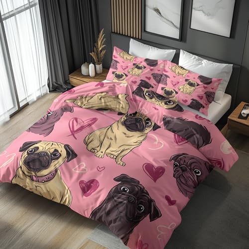 Mit Mops Bettwäsche 160x200 cm Bügelfreie - Cute Lustig Hund Herz Muster, Renforce Wendebettwäsche Bettbezug 3-teilig Set Cozy Mikrofaser Mit Reißverschluss, 2 Kissenbezug, Geschenk Mit Mops, LS9126
