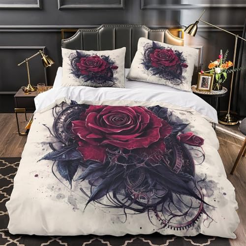 ZZVRMCYLD Bettbezug mit Gothic-Rose, 3D-Druck, ultraweich, Mikrofaser, hell-dunkel, Bettbezug, 2 Kissenbezüge, verdeckter Reißverschluss, Bettwäsche, Teenager, Schlafzimmer, Einzelbett (135 x 200 cm)