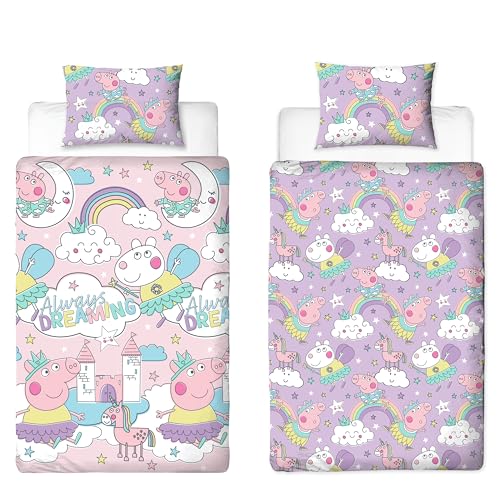 Peppa Pig Offizielles Bettwäsche-Set für Einzelbett, Bedtime-Design, wendbar, 2-seitig, rosa und lila, inkl. passendem Kissenbezug