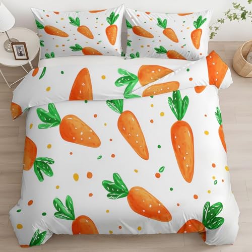 Karotte Bettwäsche 180x200 Punkte Bettwäsche Set, 3D Bettbezug Set Weich Microfaser Bettbezüge 3 Teilig Gemüse Wendebettwäsche für Doppelbett, mit 2 Kissenbezüge m280
