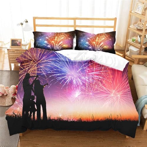 Feuerwerke bei Nacht Bettwäsche 135x200 Kinder Familienpaar Bettbezug 3D Weiche Mikrofaser 3 Teilig Bettwäsche-Sets mit Reißverschluss und 2 Kissenbezüge 80x80 cm E.1478