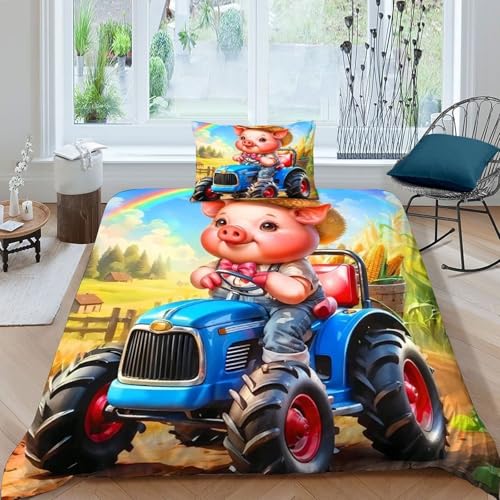HOGDISAJD Powder Pig Traktor Bettwäsche Weiche Feder Süße Tiere 3D Gedruckt Bettdeckenbezug Und 1 Kissenbezug LuxusBettwäsche Sets 2Pcs Für Jungen Und Mädchen Single?135x200cm?