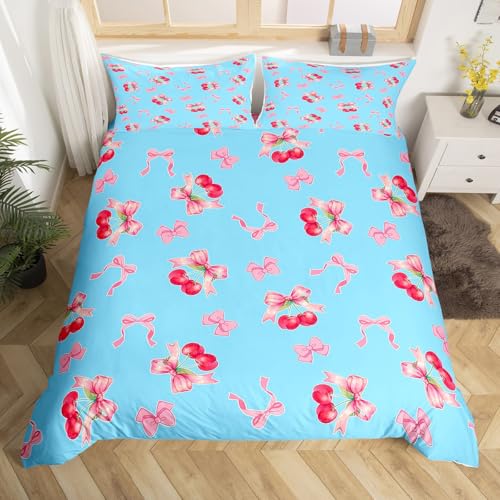 Homewish Süße Bogenkirsche Bettwäsche 135x200 Blau Rosafarbener Bowknot Bettbezug Süße Früchte für Kinder Erwachsene Bettwäsche Set Prinzessin Träumige Ästhetik Bedding Wohndekor 2 Teilig