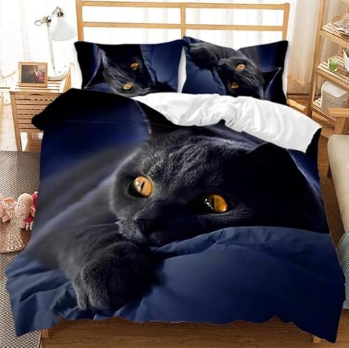 NUEYSP Bettwäsche 140x200 Schwarze Katze Bettwäsche-Sets 3D-Motiv, Mikrofaser, 1 Bettbezug 140x200 + 1 Kissen 70x90 mit Verdecktem ReißVerschluss für Mädchen Jungen.