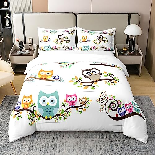 Loussiesd Cartoon Eule 100% Baumwolle Bettwäsche Set Kinder Niedlich Tier Floral Leaf Drucken e Bettbezug Set Set Kawaii Vogelzweige Dekor Zimmer Cartoon Eulen Design Weiß Bettbezug Set 135x200cm
