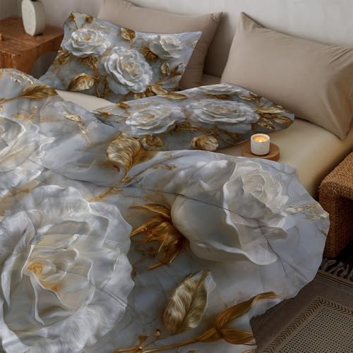 Rosen Goldene Blätter Bettwäsche 135x200 cm, Dreidimensionale Luxusdekoration Bettwäsche Set, Weich Microfaser Weiß Bettdecke mit Reißverschluss, für Jungen/MäDchen Wendebettwäsche Mit 1 Kissenbezug