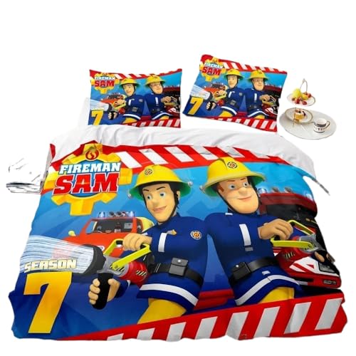 GOUVKEY Cartoon-bedrucktes Feuerwehrmann-Bettwäsche set „Feuerwehrmann Sam“ HD-Bettbezug Bettwäsche für Kinder Bettwäsche-Sets Schlafzimmerdekoration (90x200cm+80x80cmx1,4)
