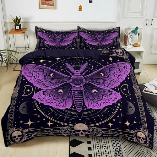Bettwäsche 135x200 cm Gothic Totenkopf Schmetterling Lila Bettbezug mit Reißverschluss Weiche Baumwolle Mikrofaser Bettwäsche-Sets für Kinder Jungen Mädchen Jugendliche