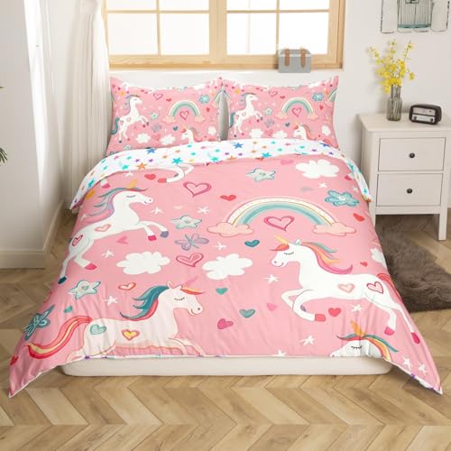 Homemissing Einhorn Bettwäsche Bettwäsche Set 155x220cm Blume Bettbezug Set für Kinder Jungen Mädchen Dekor Regenbogen Schmetterling Bettwäsche-Set Einhorn Bettbezug Rosa
