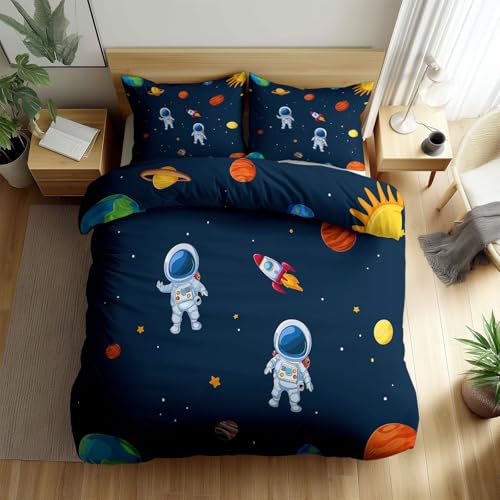 XCQHZYQ Dunkelblau Bettwäsche 200x200 cm Cartoon Weltraumthema Astronaut Bettwäsche-Sets Mikrofaser 3teilig Wendebettbezug mit 2 Kissenbezüge 80x80 cm, Bettdecke mit Reißverschluss XCQHZYQ Dunkelblau Bettwäsche 200x200 cm Cartoon Weltraumthema Astronaut Bettwäsche-Sets Mikrofaser 3teilig Wendebettbezug mit 2 Kissenbezüge 80x80 cm, Bettdecke mit Reißverschluss