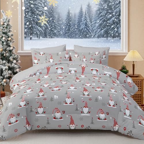 WONGS BEDDING Weihnachts Bettwäsche 135x200 2 Teilig, Weihnachtsmann Muster Weich Mikrofaser Bettwäsche-Set, Winter Weihnachten Bettbezug Set mit Reißverschluss und Kissenbezug 50x75 cm, Grau