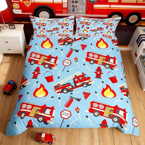 Feuerwehrauto Bettbezug Set S Größe,Rote Feuerwehrauto Bettwäsche,Kinder Jungen Teens,Feuerwehrmann Transport Tröster Abdeckung Cartoon Feuerwehrmann Auto Fahrzeug Quilt Cover mit 1 Kissenbezug