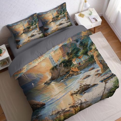 Sonnenuntergang Bettwäsche Set 200x220 cm Leuchtturm am Meer 3 teilig Mikrofaser weiche Allergiker Bettbezug mit Reißverschluss für Teenager Erwachsene Doppelbett