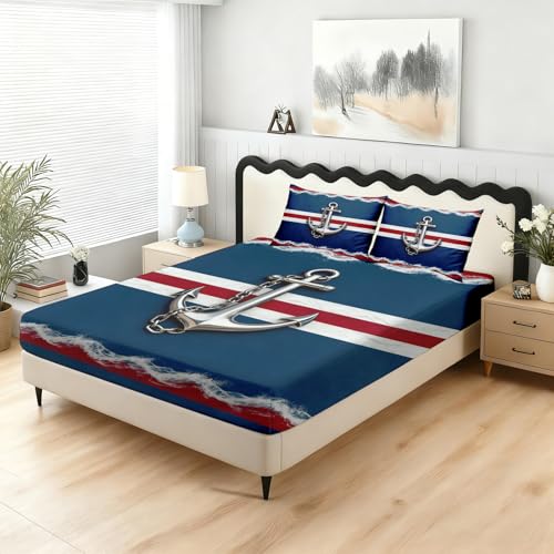 Maritim Anker Spannbettlaken 200x200cm, Modern Nautische Spannbetttuch Bettlaken Mikrofaser Bettwäsche, Streifen Marineblau Spannleintuch Boxspringbett Steghöhe bis 30 cm mit 2 Kissenbezüge