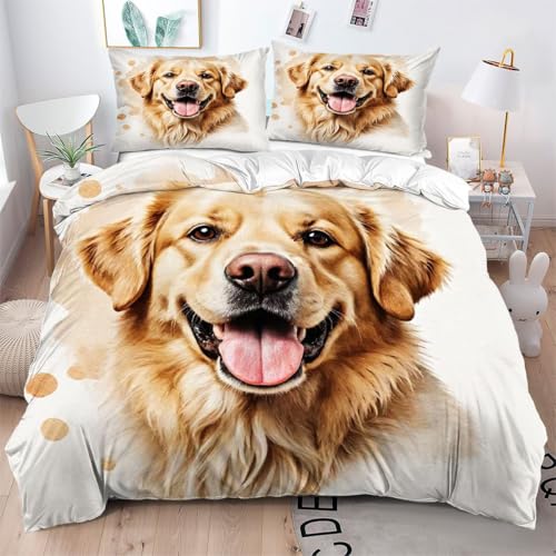 Gumntun Bettwäsche 135×200 cm Tier Golden Retriever Erwachsene, 3D-Gedruckt Microfaser Bettbezug-Set mit Reißverschluss, Maschinen Waschbar & Einfach zu Pflegen Bettdeckenbezüg für Schlafzimmer_B8936