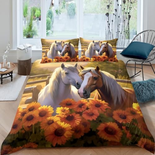3D-Gedruckter Bettwäsche-Set Mit Bettbezug-Set Bedruckt Für Kinder Teenager Erwachsenetagesdecke Bezug Mit Weich Sonnenblumenblütentier Pferd Duvet Cover 3-Piece - Hypoallergene Tagesd -70214219403702