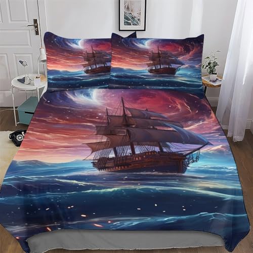GGJJTT Pirat Schiff Bettwäsche Set Bettbezug 2teilig Mikrofaser Bettbezüge Mit Kissenbezug Für Jungen Mädchen Deckenbezug Single135x200cm