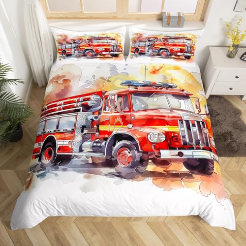 Homewish Feuerwehr Themen Bettwäsche-Set 155x220, Rotes Cooles Cartoon Feuerwehrauto Bettbezug Set für Jungen Kinder Jugendliche, 3D-Druck Zimmer Dekorativ Mikrofaser Mit 1 Kissenbezug 80x80
