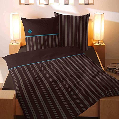 Hausmarke Magita Satin Bettwäsche Braun Linien Türkis 200x200 cm + 2Stk 80x80 cm