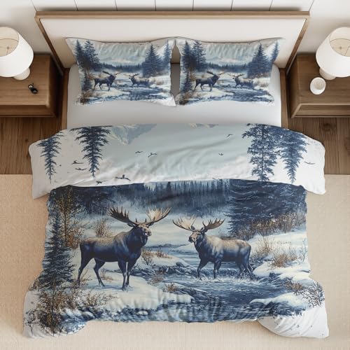 Jkepztyl Elch Bettwäsche-Set, Winterwald Landschaft Bettwäsche 135x200 cm mit Reißveschluss, Weich Bettwäsche Set Microfaser Bettbezug + 1 Kissenbezüge 80x80cm