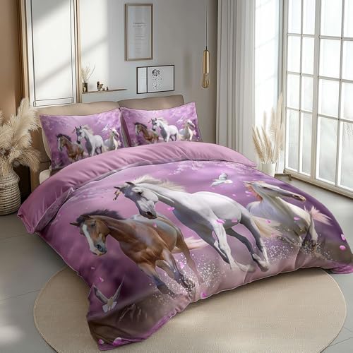 CozyRest Rosa Bettwäsche 135 x 200 cm 3 teilig Kinder Bettbezug mit Reißverschluss, Tiere Pferd und Kirschblütenwald Muster Wendebettwäsche Set Wendedesign und Kissenbezug