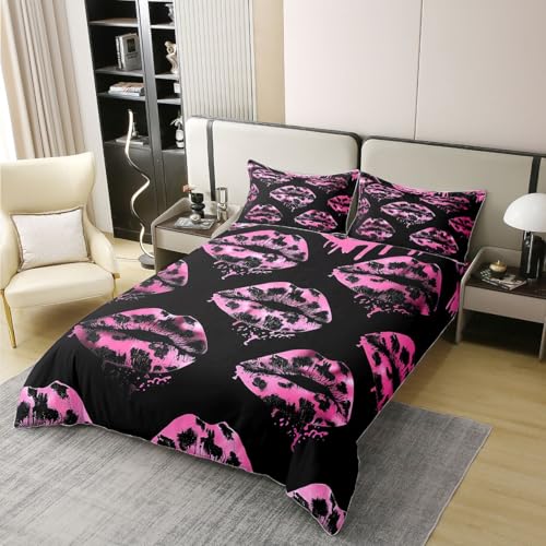 Homemissing Leopard Lippen Baumwolle Bettwäsche Set 135x200cm Liebey Mund Bettwäsche-Set Liebeskuss Bettbezug Weich Gepard Drucken Betten Tierhaut mit 1 Kissenbezug