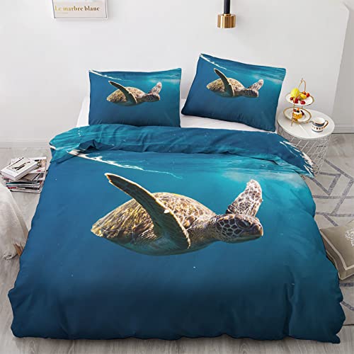 VOSILE Meeresschildkröte Bettwäsche 200x220, Maritimes Thema Muster - Weiche Microfaser Bettwäsche-Sets 3 Teilig - 1 Bettbezug mit Reißverschluss + 2 Kissenbezug 80x80 cm