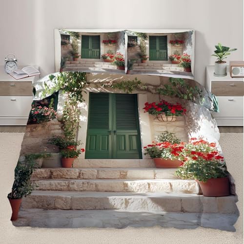 Bettwäsche 135x200 Italienische Stadt 3D Druck Bettbezug 135 x 200 Landhaus Bettwäsche-Sets Weiche Mikrofaser Bettwäsche Set 3 Teilig Bettbezüge für Einzelbett mit 2 Kissenbezüge I-2403